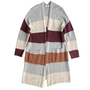 Entro Women’s Med Cream Burgundy Colorblock Stripe Open Duster Longline Cardigan